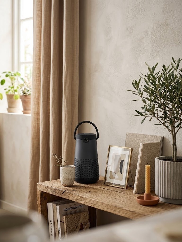 Bose SoundLink Revolve+ Bluetooth Speaker in black, featuring a cylindrical design with a flexible fabric handle